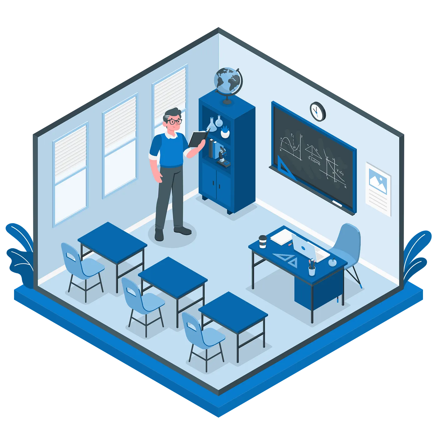 Teacher+Teaching+Classroom+Blackboard+Desk+Bench+blue