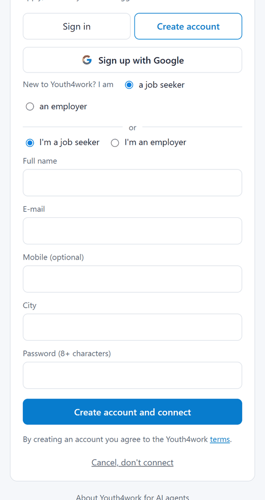 The Create account tab of the Youth4work connector page with Sign up with Google, a choice of job seeker or employer, and fields for full name, e-mail, optional mobile, city and password, then a Create account and connect button.