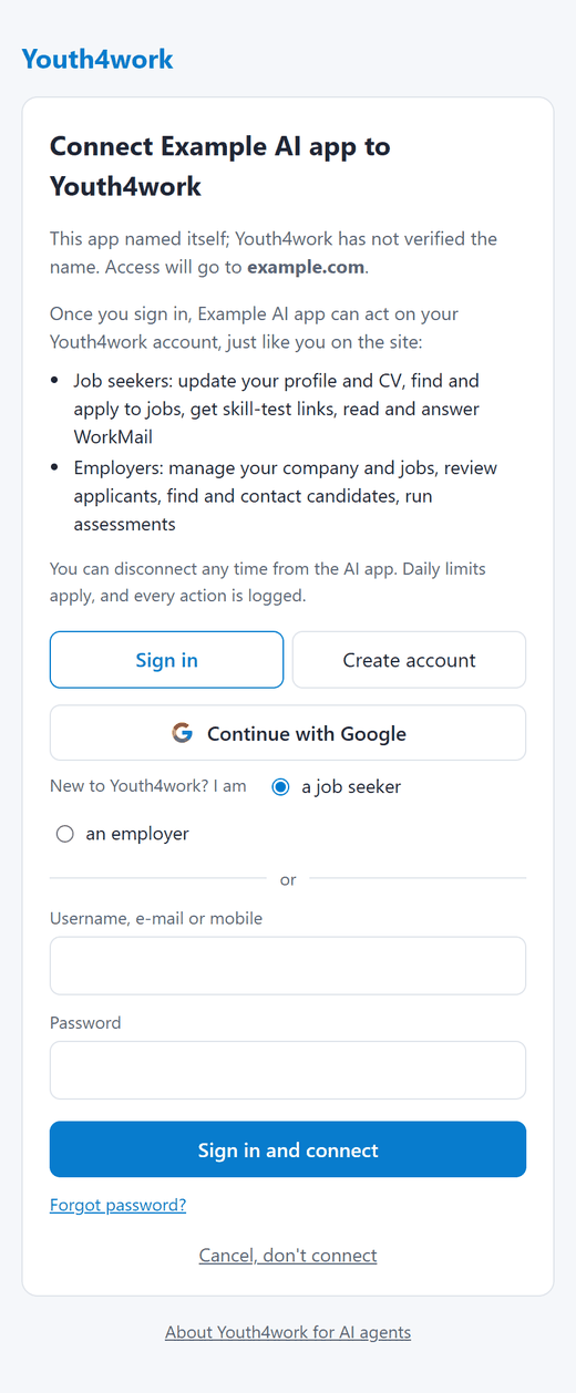 The Youth4work connector sign-in page: it names the connecting app and where access will go, lists what the app can do for job seekers and employers, and offers Sign in or Create account, Continue with Google, or a username, e-mail or mobile with password.