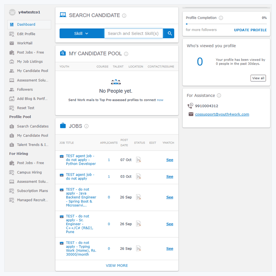 The Youth4work employer dashboard of the sandbox test company, showing the candidate search, candidate pool, jobs list with applicants and post dates, and custom tests.