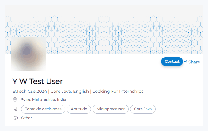 The test account's public Youth4work profile after the edit, showing the new headline B.Tech CSE 2024, Core Java, English, Looking For Internships and the city Pune, Maharashtra. The profile photo is blurred.