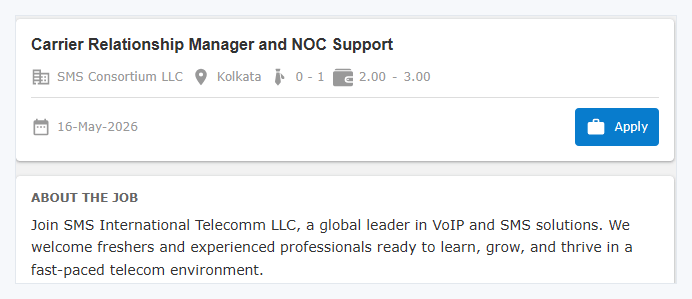 The public Youth4work job page for Carrier Relationship Manager and NOC Support at SMS Consortium LLC in Kolkata, 0 to 1 years experience, with an Apply button.