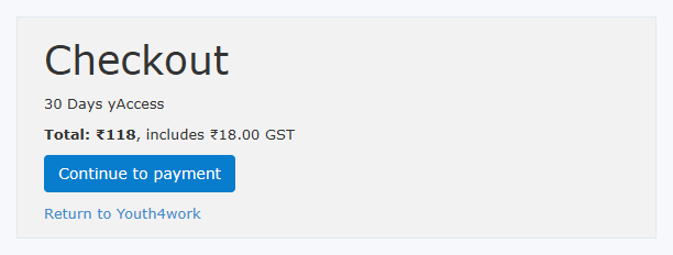 The Youth4work checkout page opened from the pay link: 30 Days yAccess, total 118 rupees including 18 rupees GST, with a Continue to payment button.
