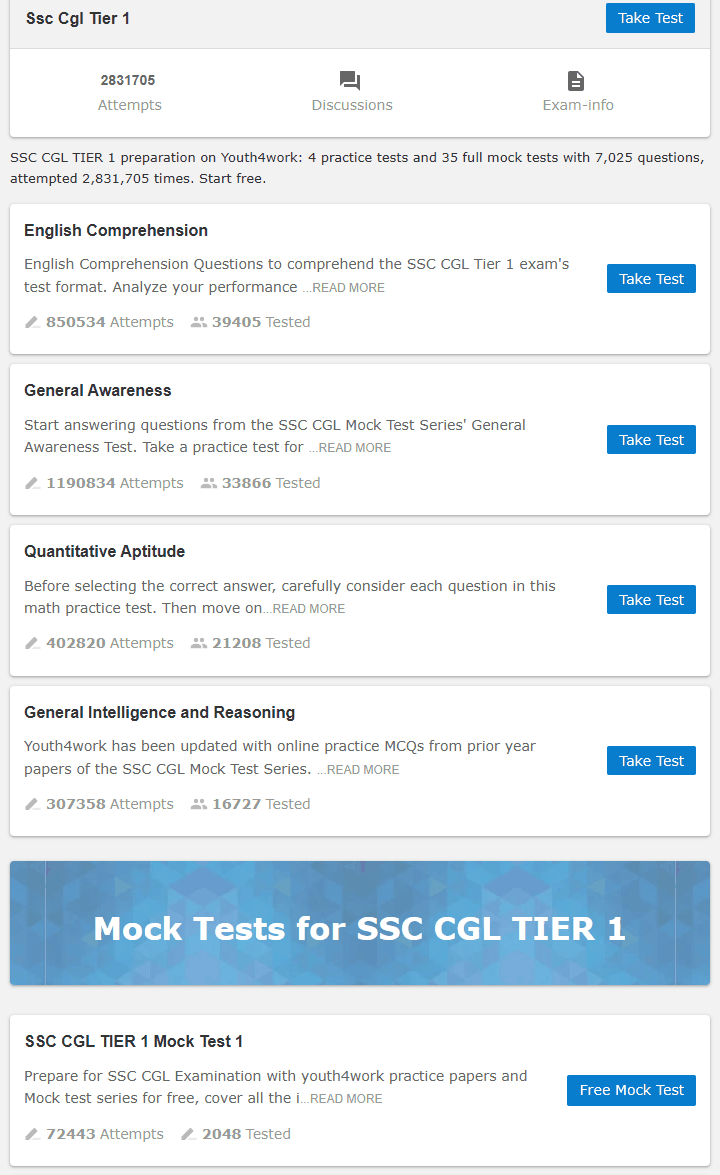 Screenshot of the SSC CGL Tier 1 page on Youth4work Prep showing four section practice tests (English Comprehension, General Awareness, Quantitative Aptitude, General Intelligence and Reasoning) with Take Test buttons, and the first mock test with a Free Mock Test button.